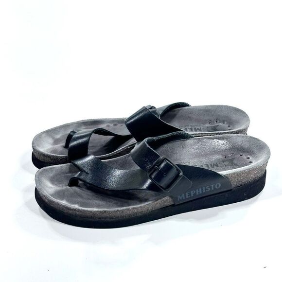 Mephisto Helen black leather toe loop sandal 35 - Picture 1 of 8